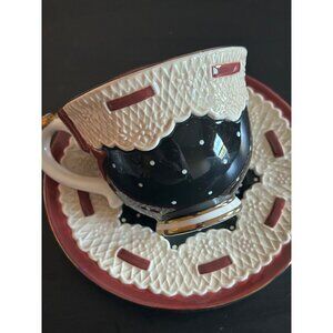 Sandy Clough Claudette Cup & Saucer Set Black & White Polka Dots Lace Detailing